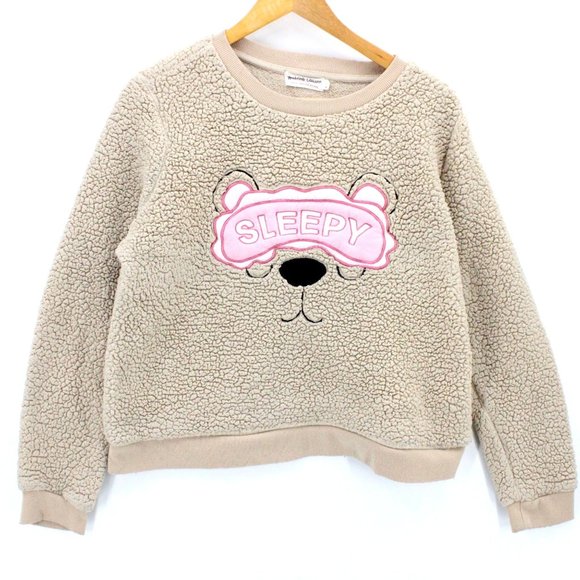 Weekend Edition Sherpa Chunky Sweater Womens Brown Tan Sleepy Bear Face L - Picture 1 of 9